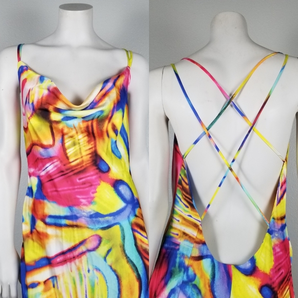 Cosel Anthos Vacation Coral Rainbow Psychedelic Exposed Back Midi Dress Sz 6 NWT - Picture 7 of 10